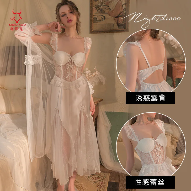 

Fun Underwear Steel Ring Gathering Perspective Nightwear Long French Robe Mesh Ribbon Chest Cushion Home Fury Set