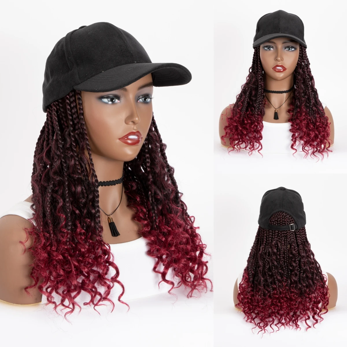 Medium Ombre Boho Box Synthetic Braiding With Adjustable Baseball Cap Hat With 14“20“ Braids Hair Extensions Curly End For Women