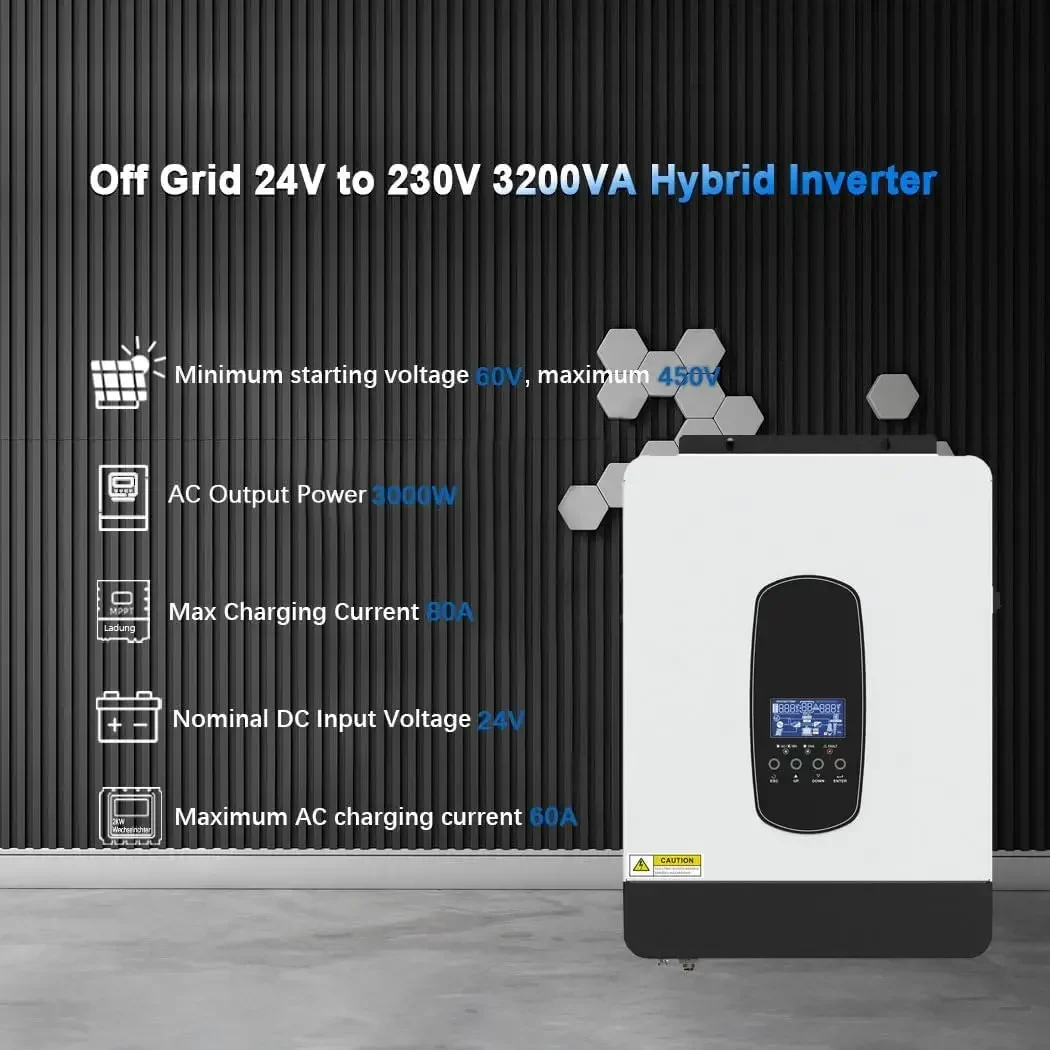 3200W Solar Hybrid Inverter DC24V to AC230V,Off-Grid Pure Sine Wave Inverter with 80A MPPT Solar Charger+AC Charger,Max PV 3000W