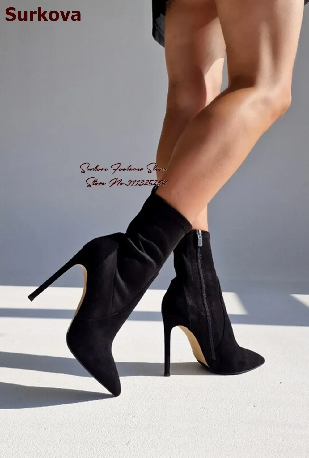 Surkova Black Matte Leather Elastic Ankle Boots Stiletto Heels Pointed Toe Bodycon Short Booties Pointed Toe Zipped Party Shoes