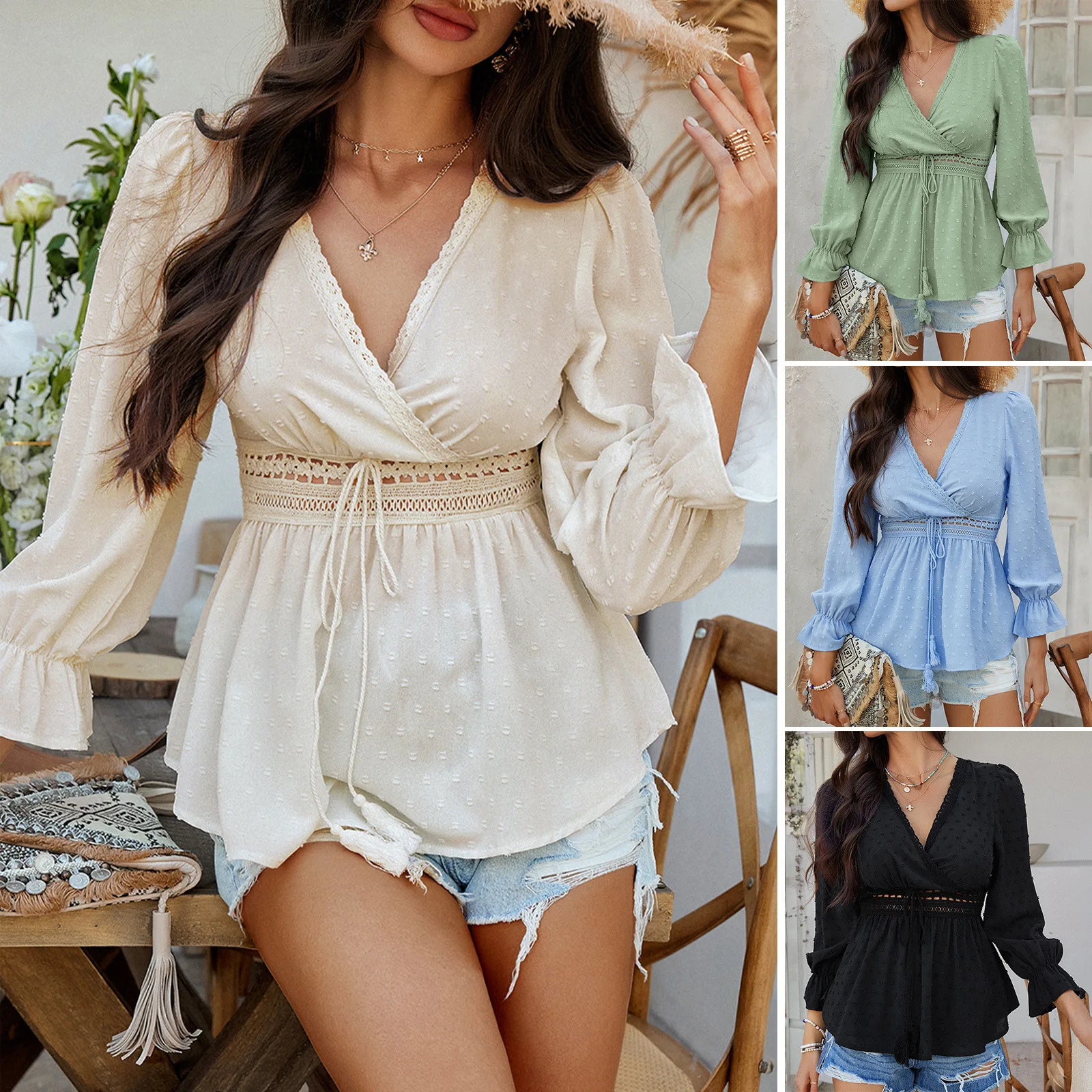 2025 Women's T-Shirt Clothes Woman Clothing  Top Women Casual Vacation Style V-Neck Solid Color Tie Waist Tops Shirt T-Shirt