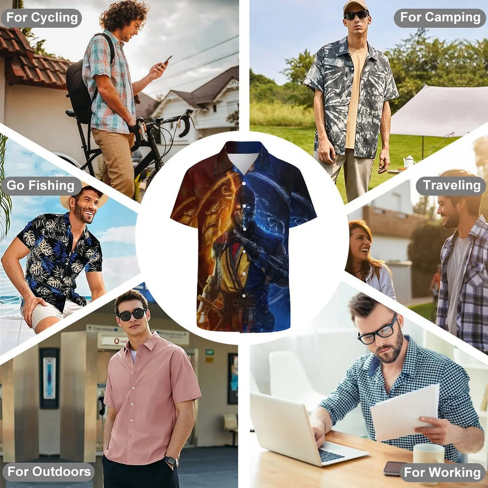 Camisa irregular de manga curta masculina e feminina, solta, casual, respirável, estilo de animação, contraste de cor, moda verão