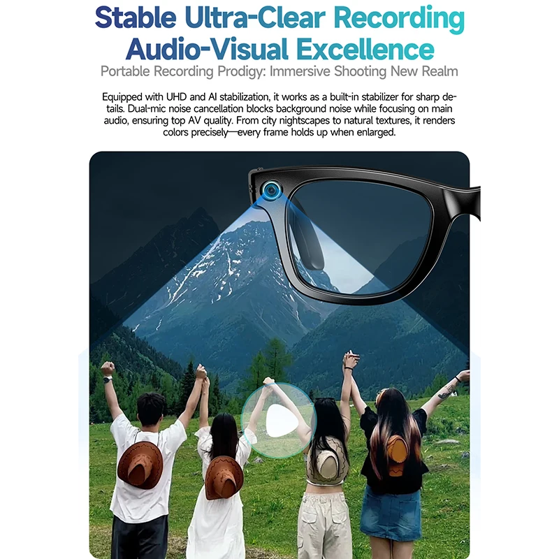 1080P AI HD 8MP Camera Men Women Smart Glasses Take Video AI Chat Real-time Translate Bluetooth Call IP65 Waterproof Sunglasses