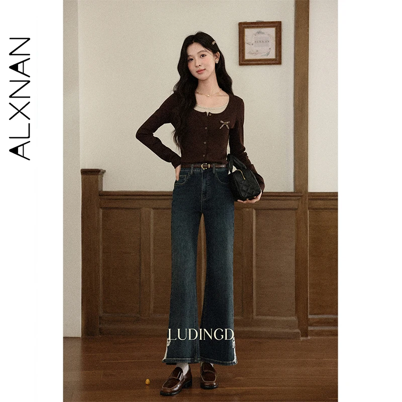 ALXNAN ヴィンテージブルーワイドレッグジーンズ女性の秋ストレートだぶだぶのジーンズレースリボンデザイン綿カジュアルデニムパンツ女性 L57161
