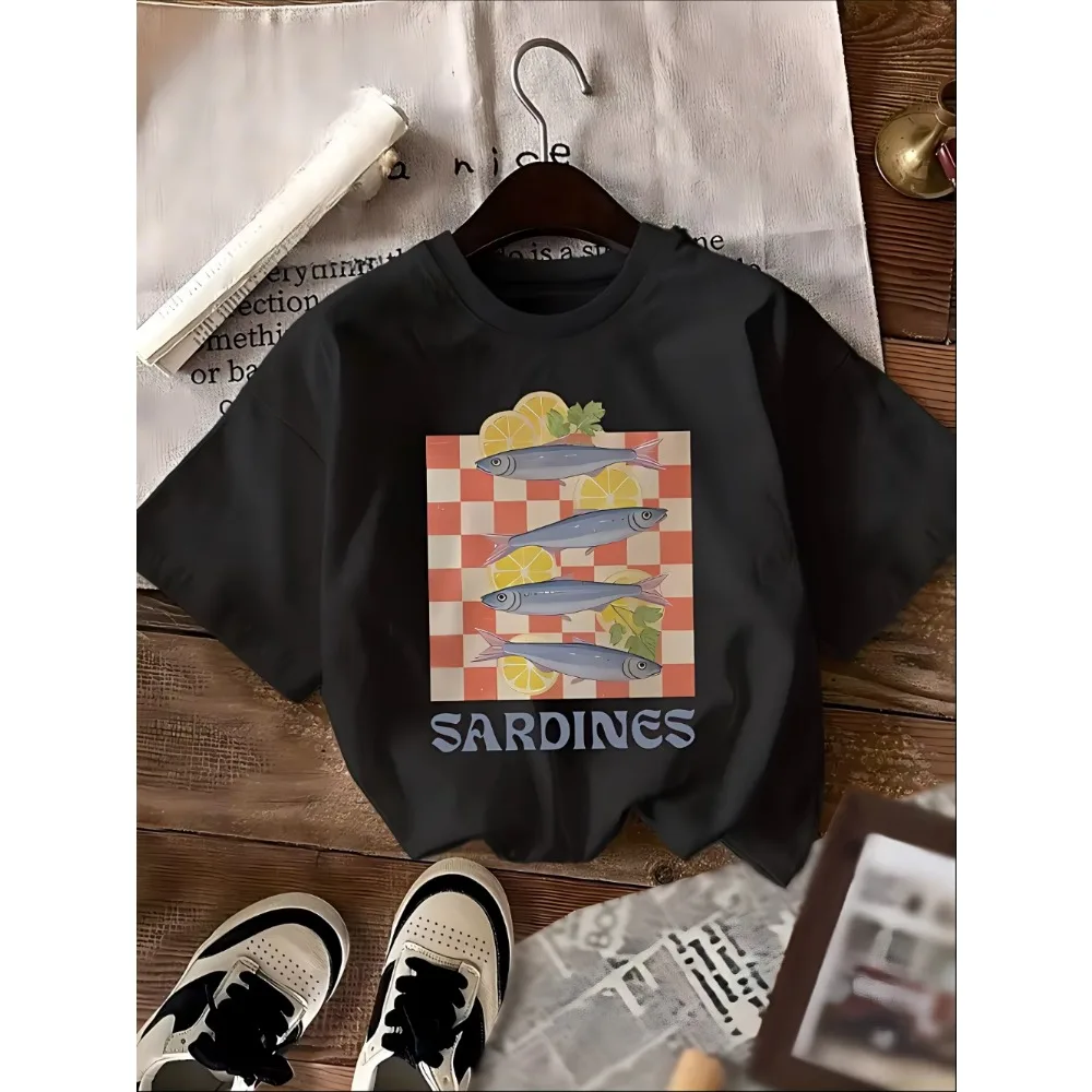 Vintage Sardines Lemon Graphic T-Shirt Retro Fish Tin Print Tee Humorous Food Art Summer Short Sleeve Top Men Women Casual Shirt