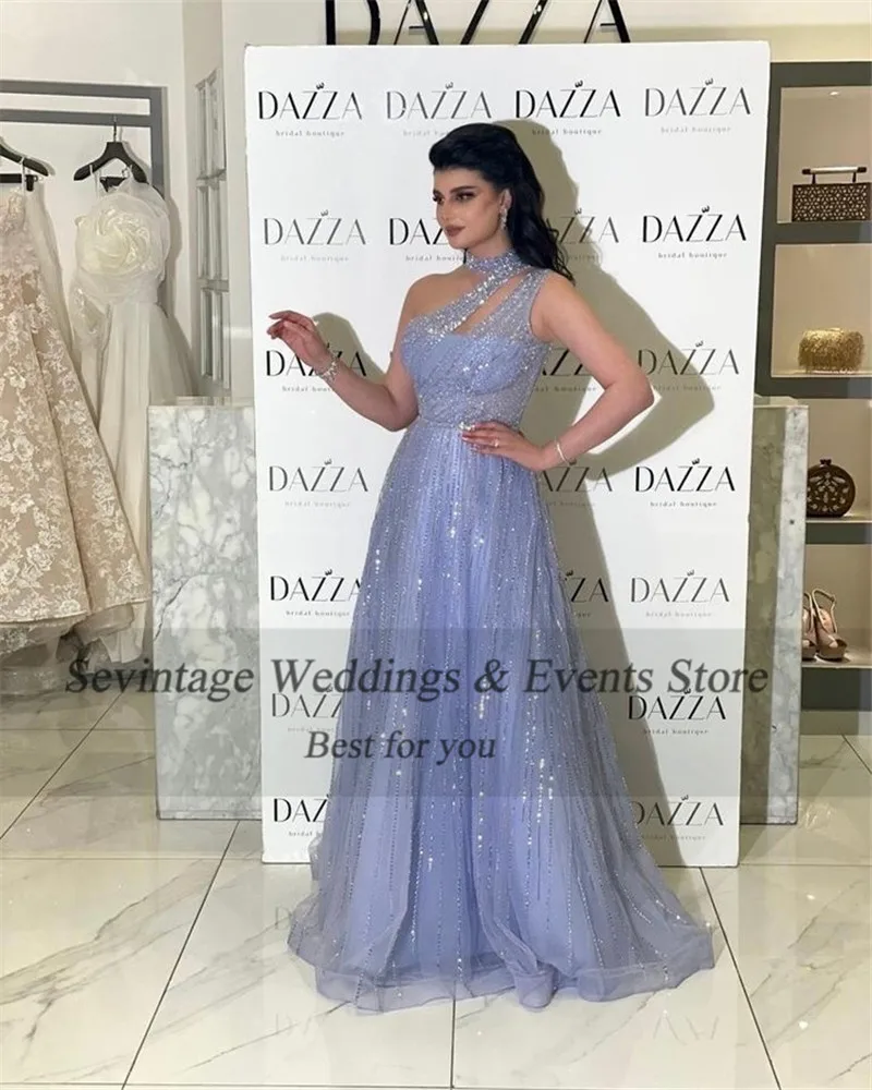 Sevrothic-brilhante um ombro Halter Backless Prom vestidos para mulheres, céu azul, roupas árabe saudita, dignificado e saudita