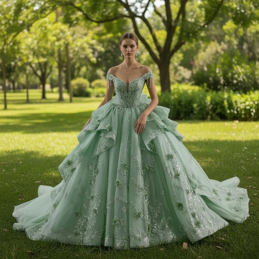 

Rosymae Light Green Quinceanera Dress Ruffle Skirt with 3D Flowers Sequined Beading Lace Cap Sleeves Keyhole Back for Sweet 15