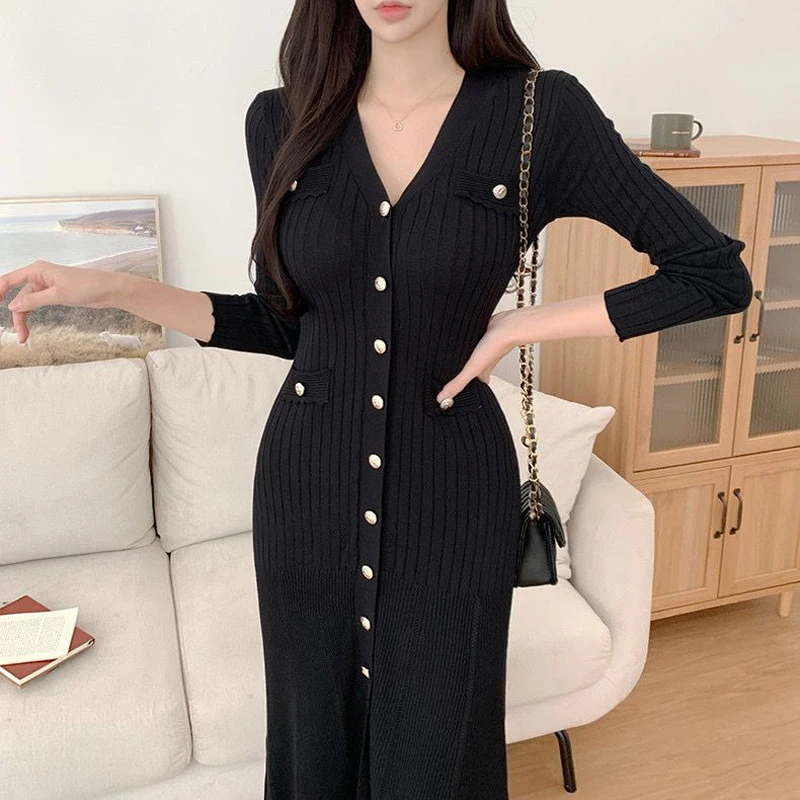 2024 primavera autunno moda coreana Sexy Split elegante aderente abiti lavorati a maglia per le donne Chic scollo a V manica lunga bottone Midi Dress