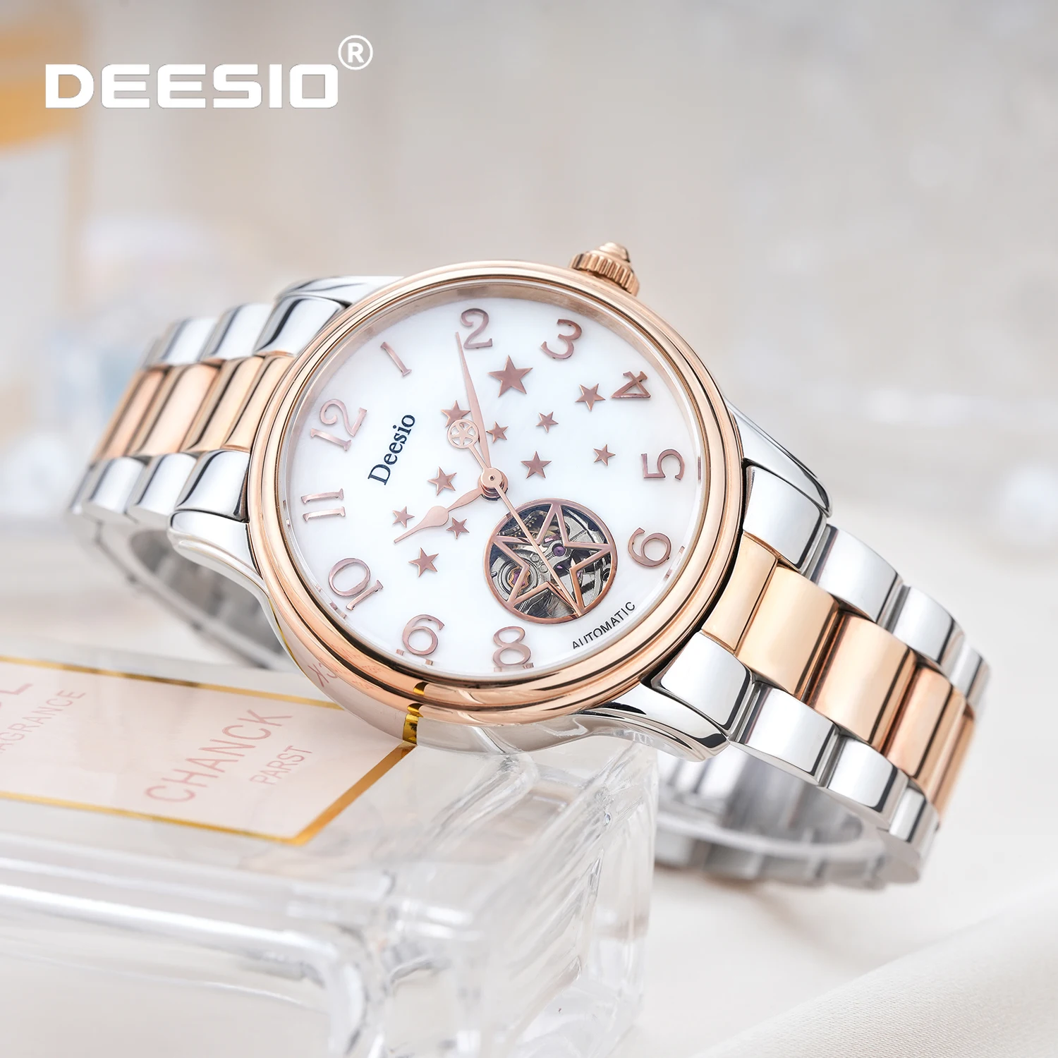 

Женские автоматические часы Deesio, легкие и роскошные, с вышитым стальным циферблатом в виде звезды, механические часы, водонепроницаемость 50 м, женский подарок