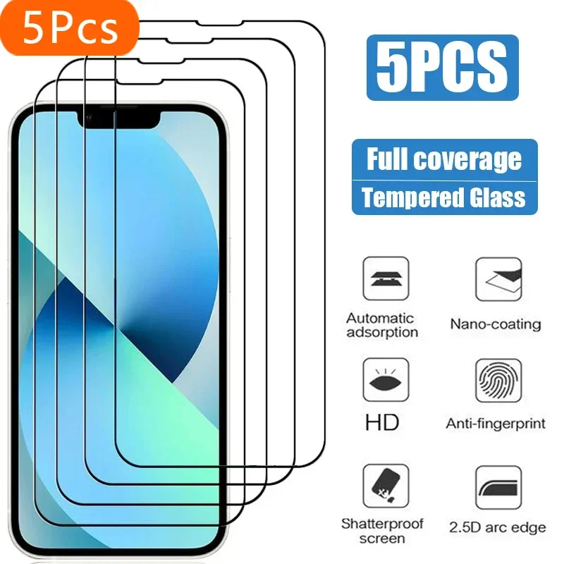 5Pcs Tempered Glass for iPhone 13 Pro Max 12Mini 13Mini Screen Protector for iPhone 11 15 16 14 12 Pro Max 16 Plus 16E Glass