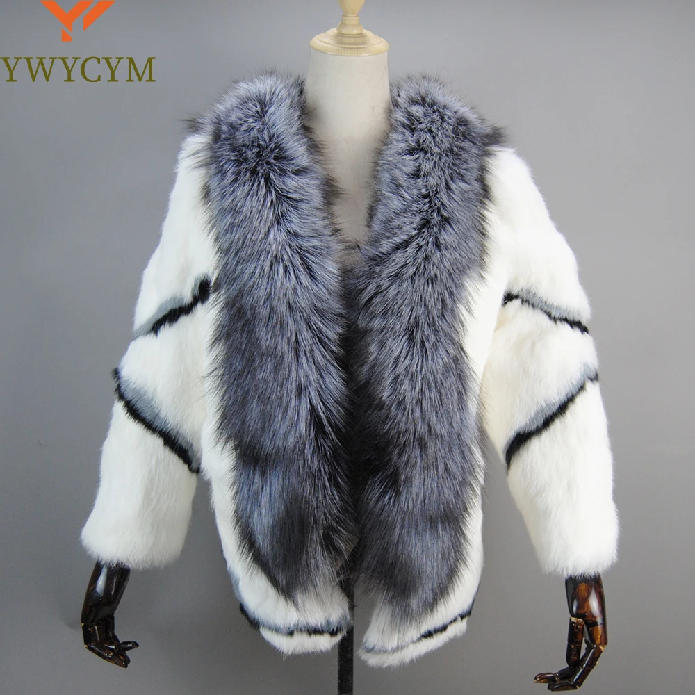 New Arrival Fashion Women Winter 100% Real Full Pelt Rabbit Fur Coat with luxury Fox Fur Collar Women Coat