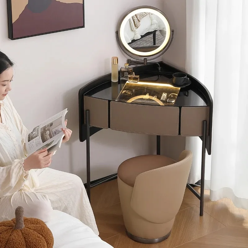 

Luxury Corner Black Vanity Table Chair Jewelry Compact Mirror Bedroom Dressers Drawers Stool Coiffeuse De Chambre Furniture