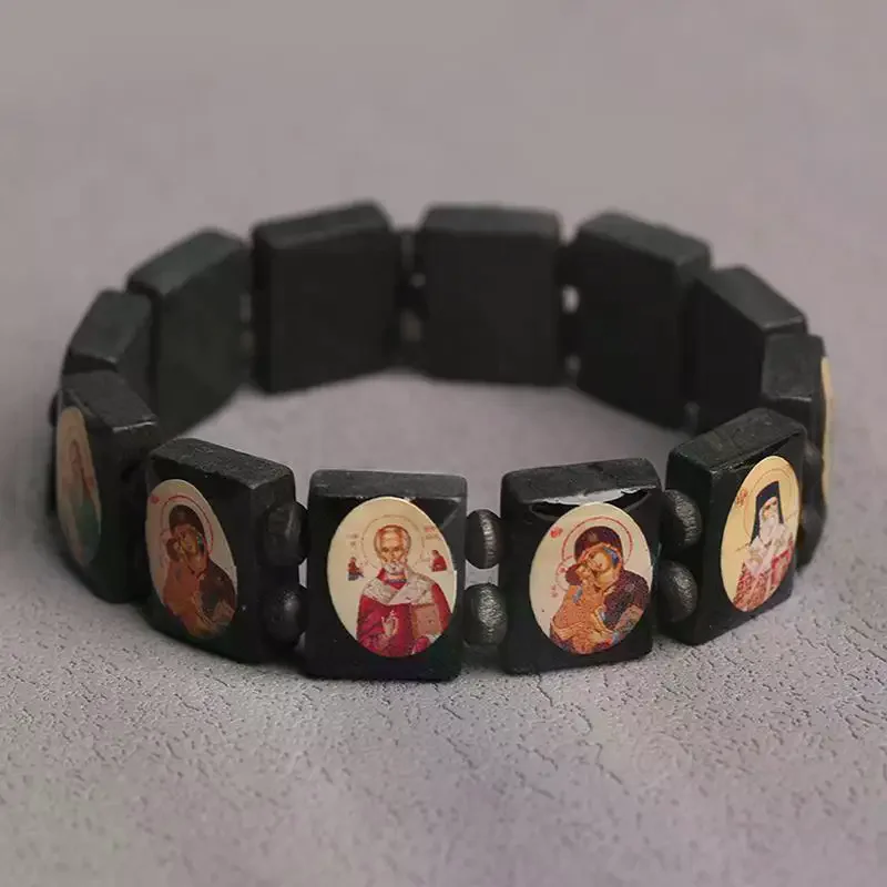 1Pcs Natural Wooden Bracelet Jewelry Mary Faith Rosary Bracelet Religious Jewelry
