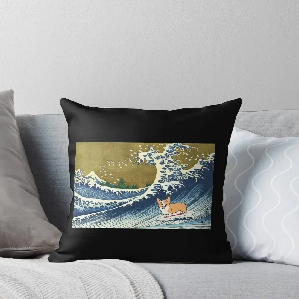 

Corgi dog surfing The Great Wave Throw Throw Pillow Cusions Cover bed pillows pillow