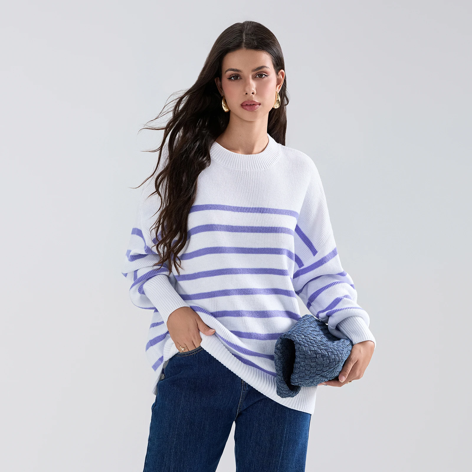 Striped Print Sweater Women Drop Shoulder Long Sleeve Round Neck Slit Hem Knitted Tops Winter Loose Pullovers