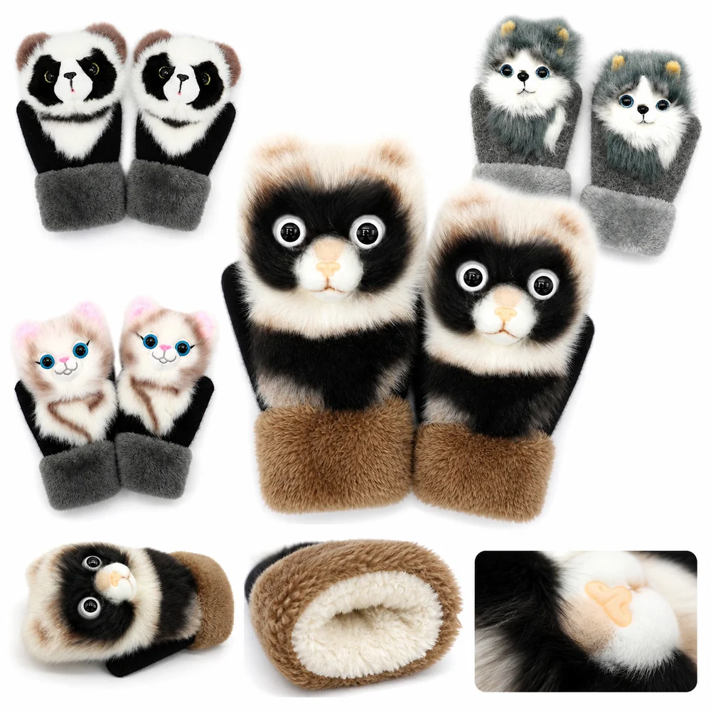 New Fleece Lined Warm Winter Gloves Animal Pattern Korean Style Gloves Thickened Animal Gloves Women's