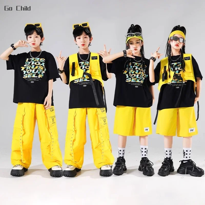 Girls Hip Hop Solid Vest T-shirt Cargo Pants Boys K-pop Street Dance Shorts Clothes Sets Kids Jazz Costumes Children Streetwear