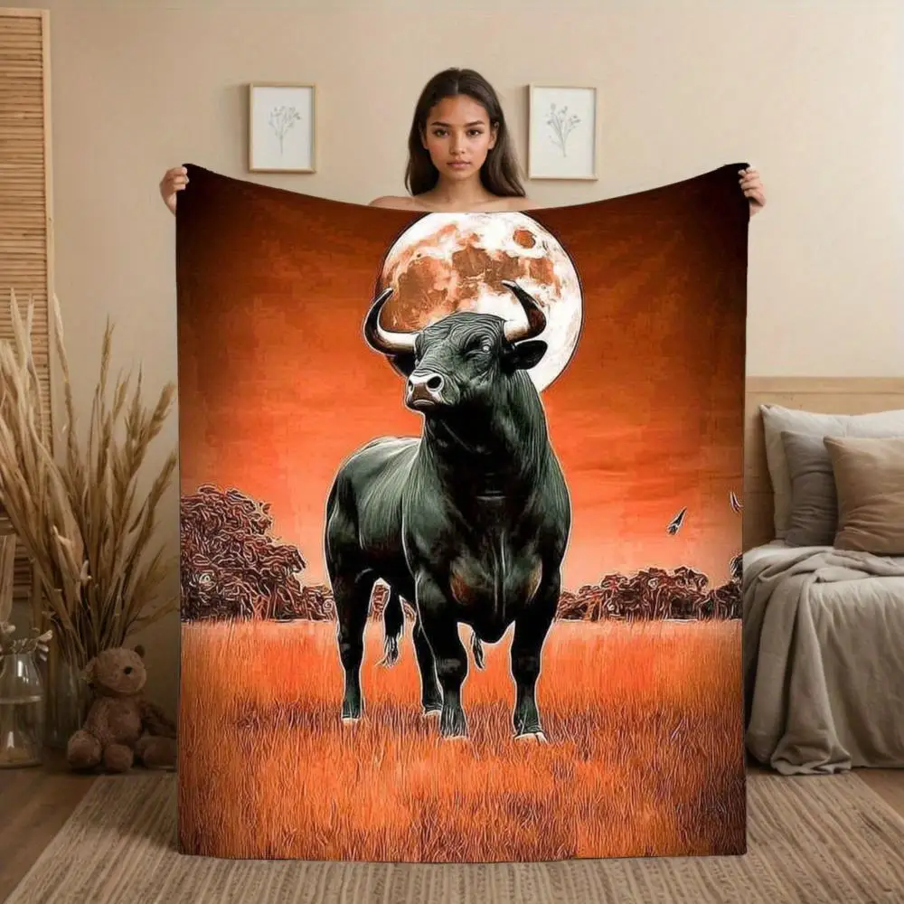 Large Surreal Bull Moon Art Blanket Throw Decoration for Boho Rustic Living Room Bedroom  150x230cm