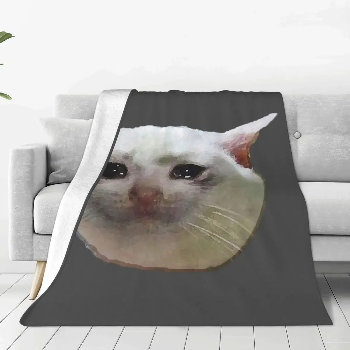 Crying White Cat Fuzzy Blanket Customized Throw Blankets for Home Hotel Sofa 150*125cm Rug Piece