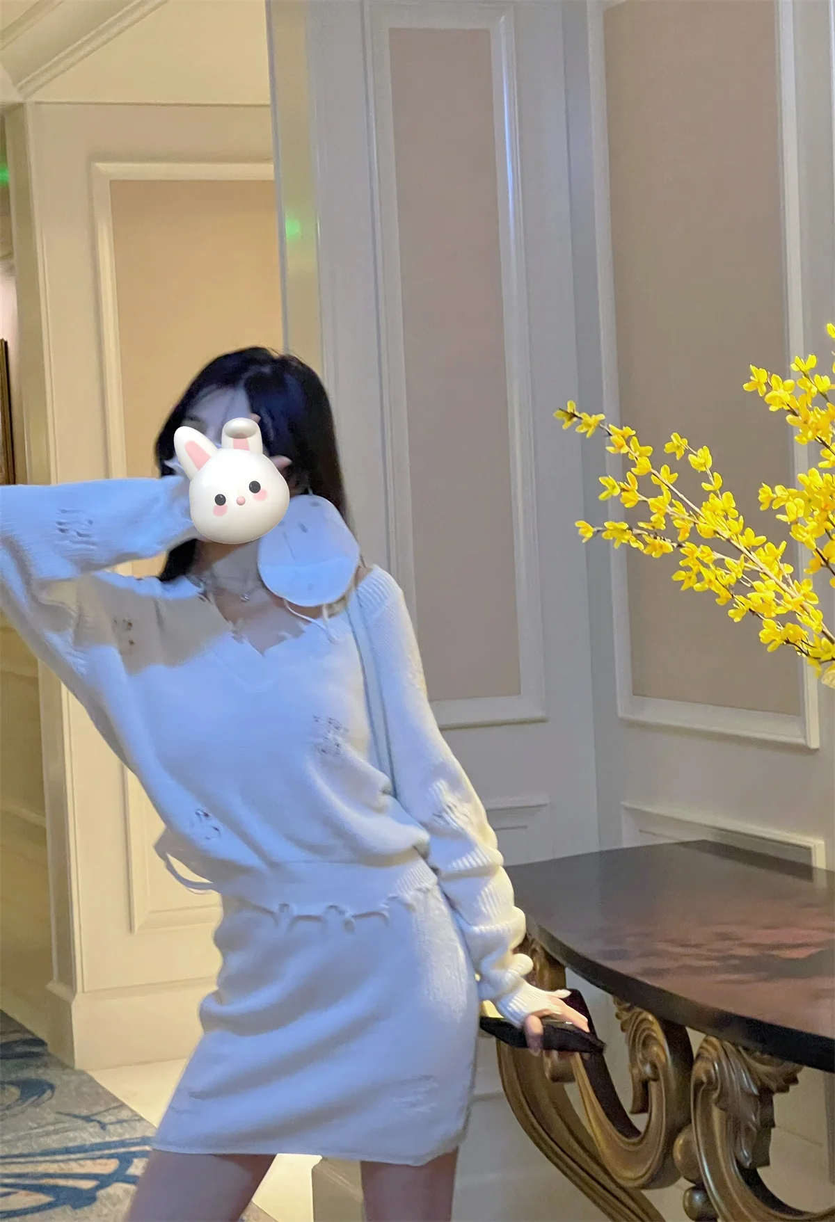 

Хлопковый трикотажный комплект с вырезом V-образной формы, модный топ и юбка из чистого хлопка, высокое качество, весенняя мода