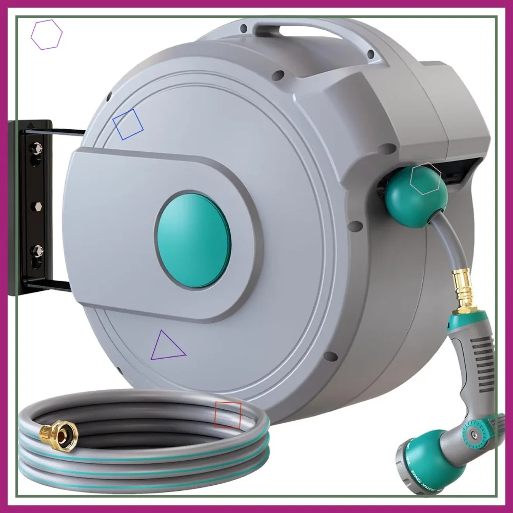 

1/2 in x 100 ft Retractable Garden Hose Reel - Auto Rewind, Lock Any Length, 10-Mode Nozzle, Heavy Duty, 180° Swivel, Easy Mount