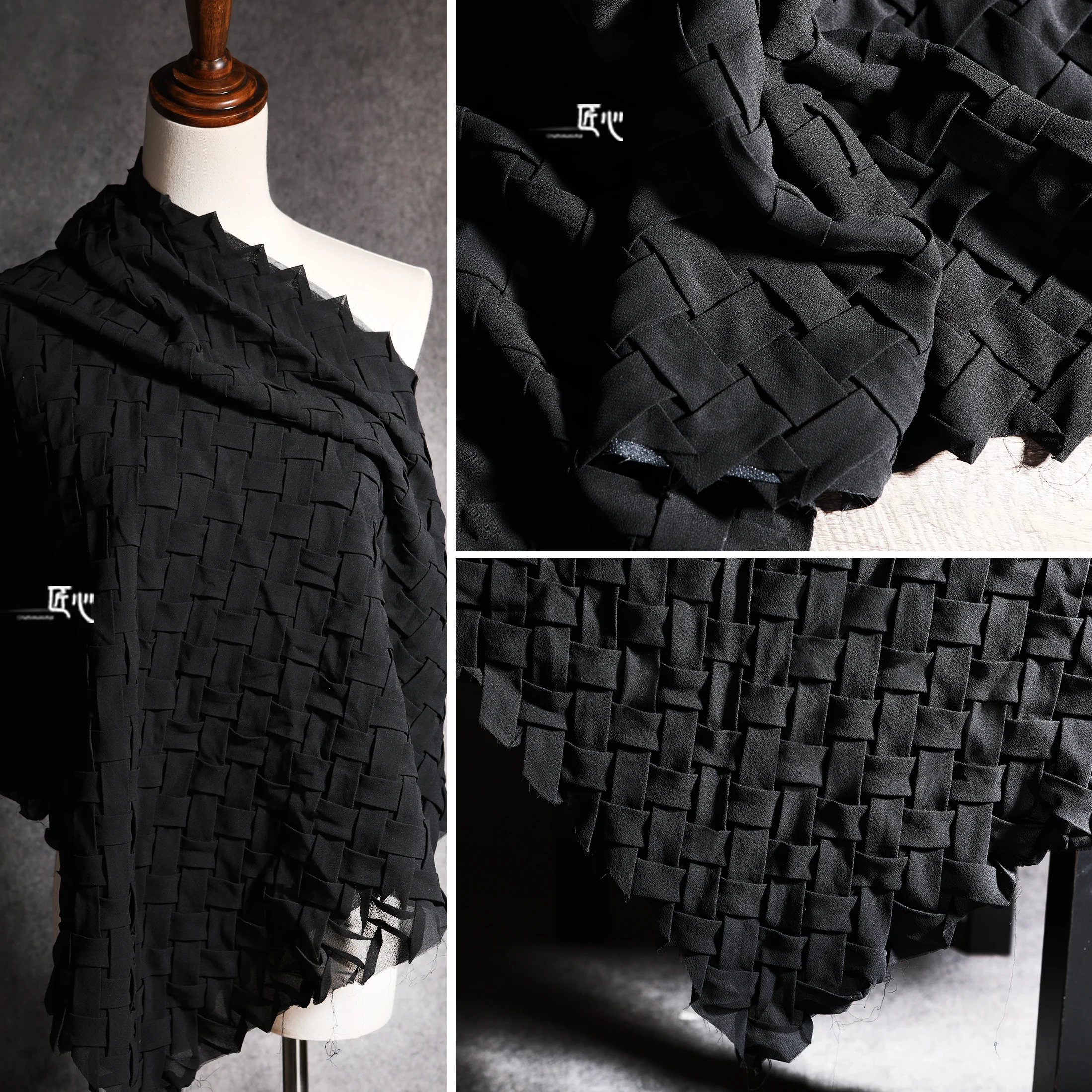 Tessitura geometrica/mattone quadrato nero tridimensionale Chiffon intrecciato trama pieghettata abbigliamento creativo tessuti firmati