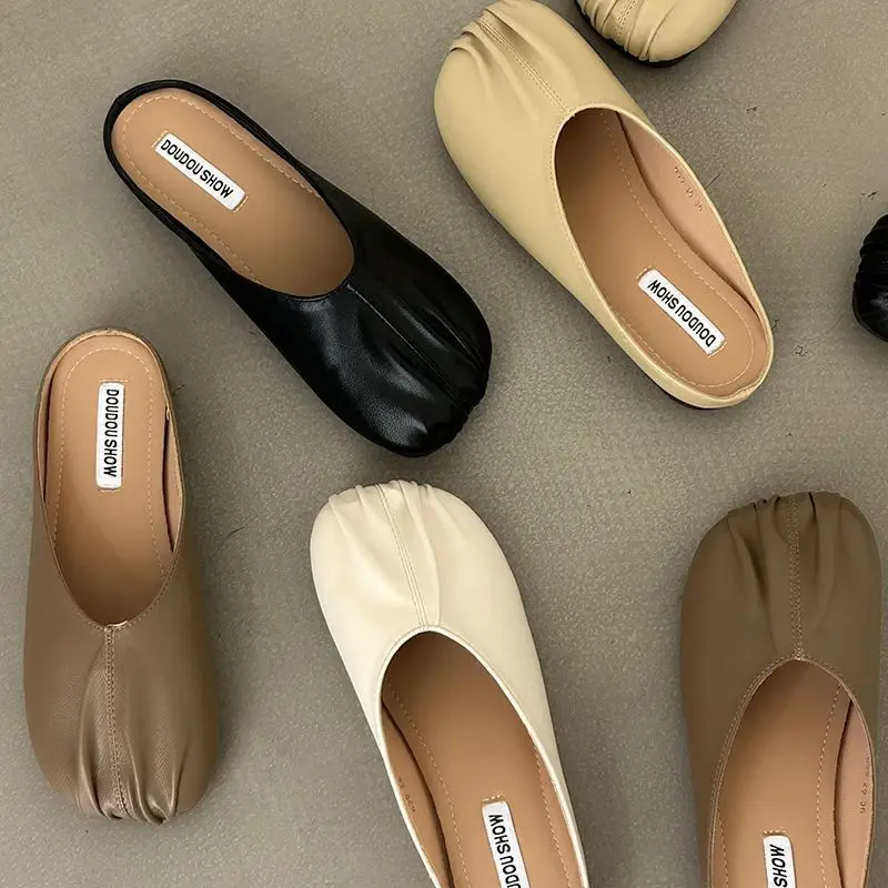

Baotou half slippers women's outer wear summer new sandals flat bottom pleated grandma shoes shallow mouth Doudou