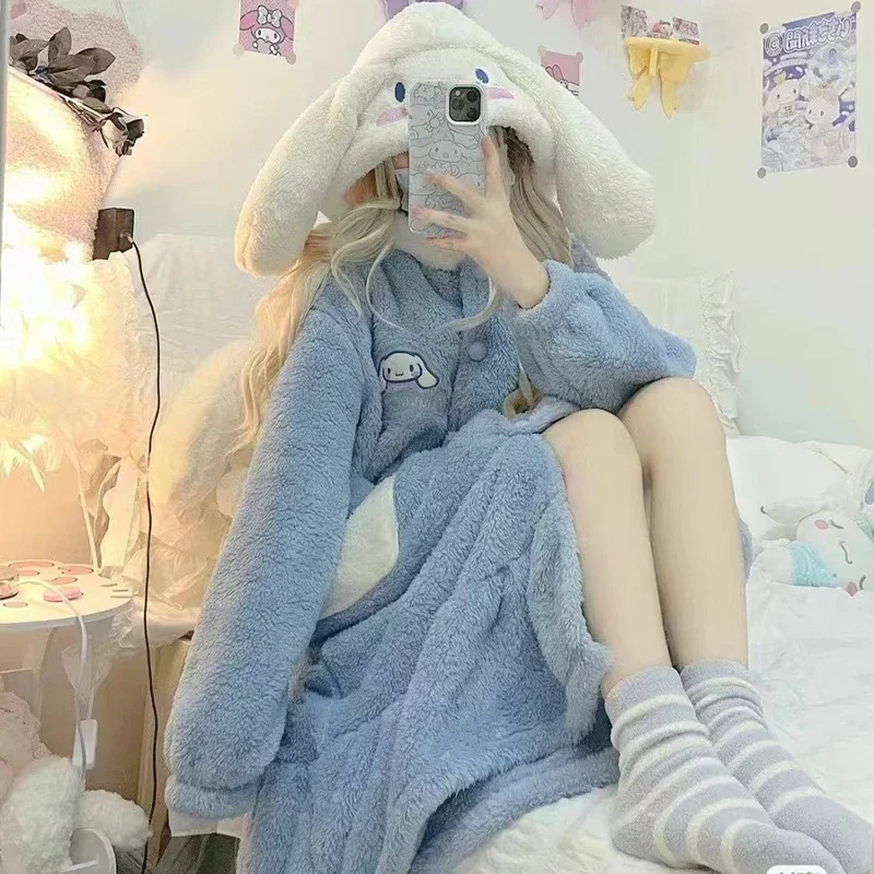 2Pcs Sanrioed Cinnamoroll Plush Pajama Set Cartoon Kuromi My Melody Kawaii Winter Hooded Long Style Home Clothes Thicken Pants