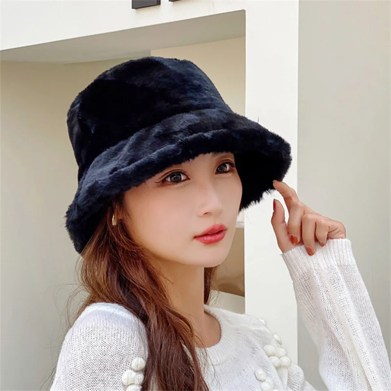 1Pc Autumn Winter Warmer Thick Harajuku Bucket Hat Cool Panama Lady Lamb Wool Outdoor Solid Color Fisherman Sunscreen Cap Unisex