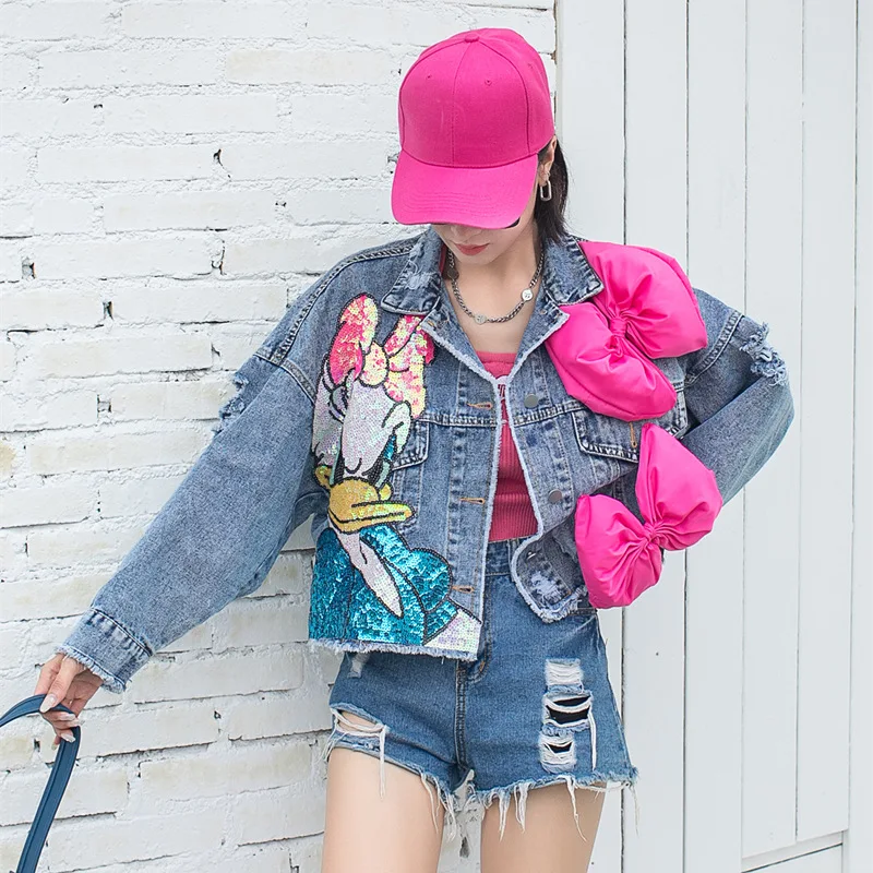 

Cropped Denim Jacket with Cartoon Sequins & Bow, Streetwear Chic, 2025 Spring Fall Women's Top