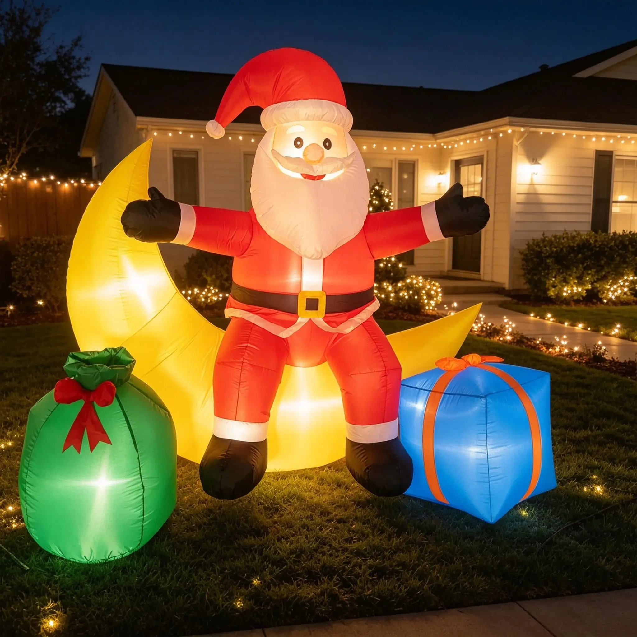 6FT Lighted Christmas Inflatable - Moon Santa Outdoor Yard Decoration - Built-In Fan, Waterproof Oxford Polyester for Lawn/Garden/Front Porch Display