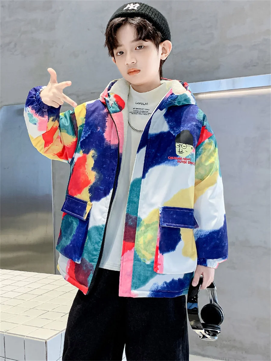 2023 New 4-14 Years Very Keep Warm Winter Boys Jacket Teenager Mid-Length Plus Velvet Thickening Hooded Cotton Coat For Kids