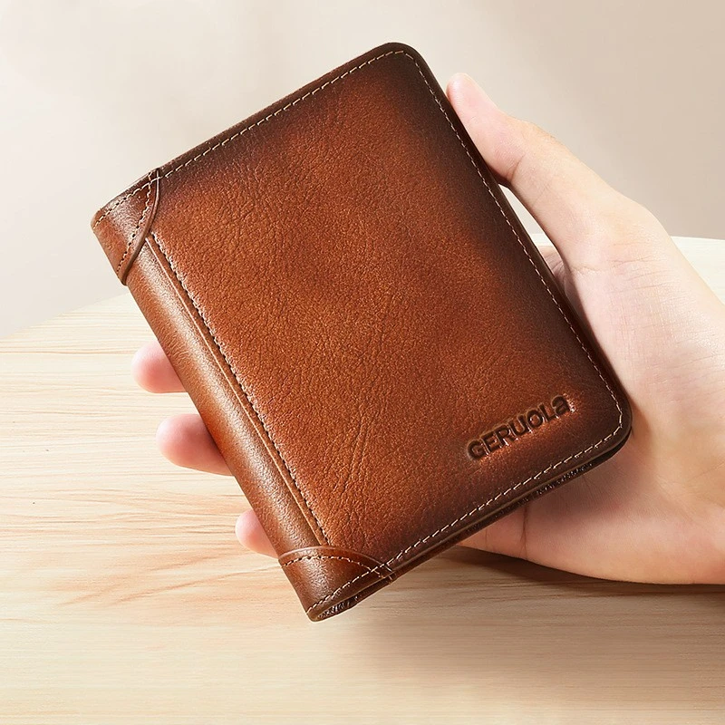 RFID Blocking Trifold Genuine Leather Wallets for Men, Vintage Short Multi Function Credit Card Holder,Money Clips  (Brown)