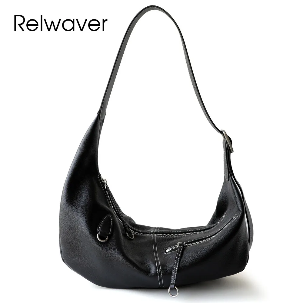 Relwaver genuine leather shoulder bag black white hobos soft women messenger bags 2026 summer fashion women bag