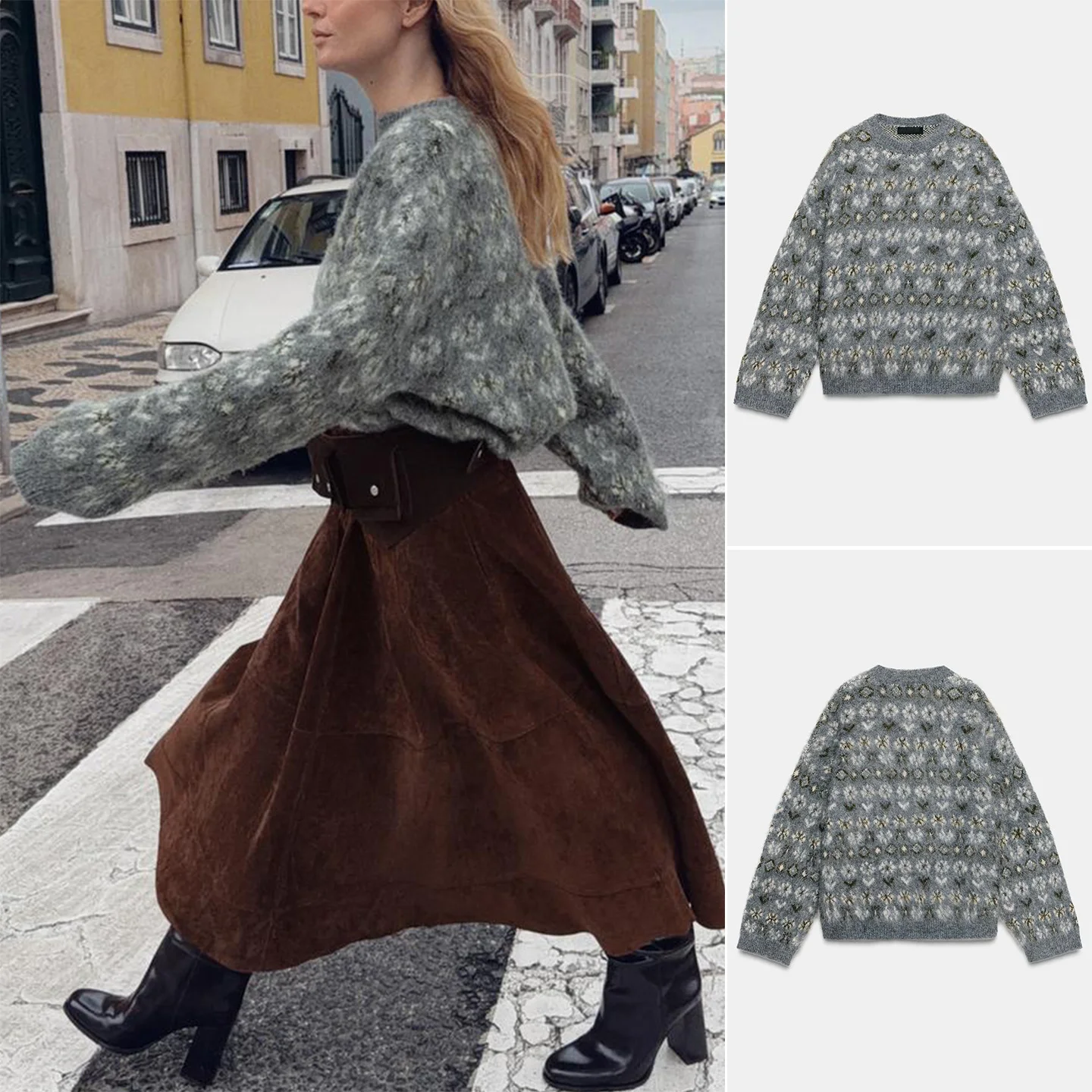 

Autumn Winter New Women's round Ne Long Sve Color Rubbing Effect Knitted Sweater Tassel Trim Flower Pattern Loose Fit