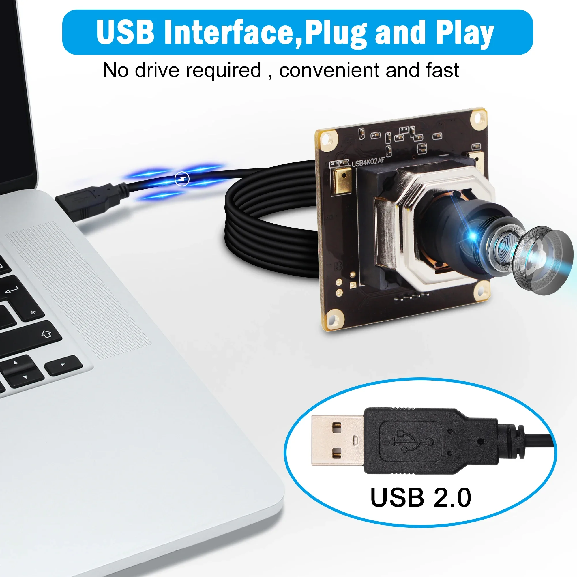 ELP 4K التركيز التلقائي وحدة كاميرا بمنفذ USB 2160P CMOS IMX415 كاميرا ويب USB بزاوية واسعة مع عدسة تشويه 100 درجة لأمن المنزل