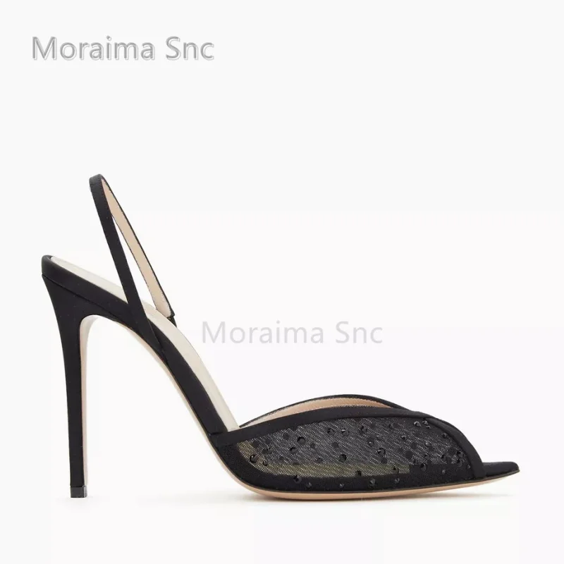Cryatsl Peep Toe Sandals Women Black Mesh High Heels Sexy Pointed Toe Thin Heel Sexy Slingback Party Office Lady Shoes Summer