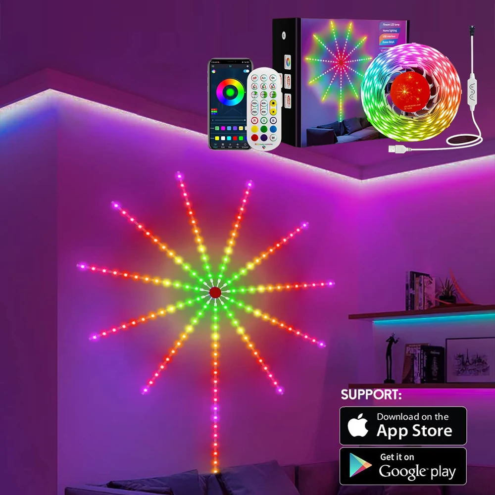 Repldocument-Bande lumineuse LED Proxy, feu d'artifice RVB, télécommande, musique, lumières Bluetooth pour Noël, décoration de chambre, USB 5V