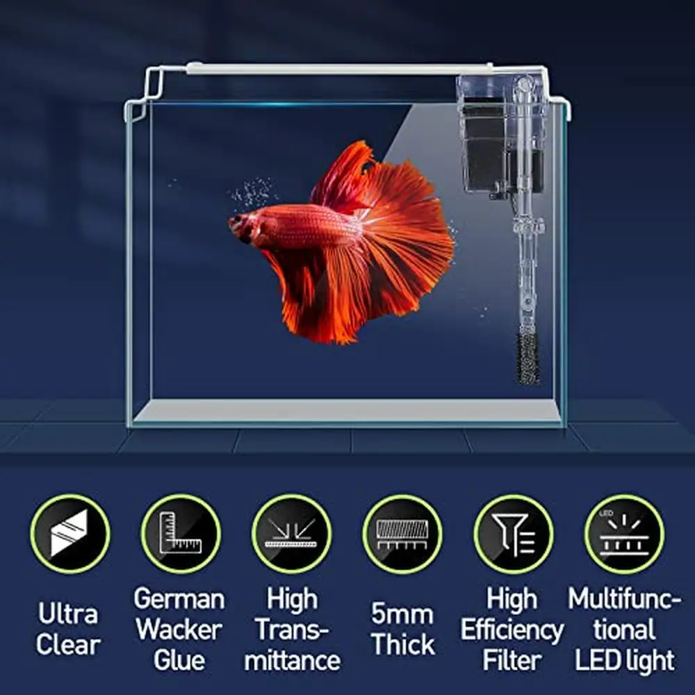 Ultra-Clear 3 Gallon Glass Fish Tank Kit with Filter and LED Light Rimless Aquarium Starter Kit