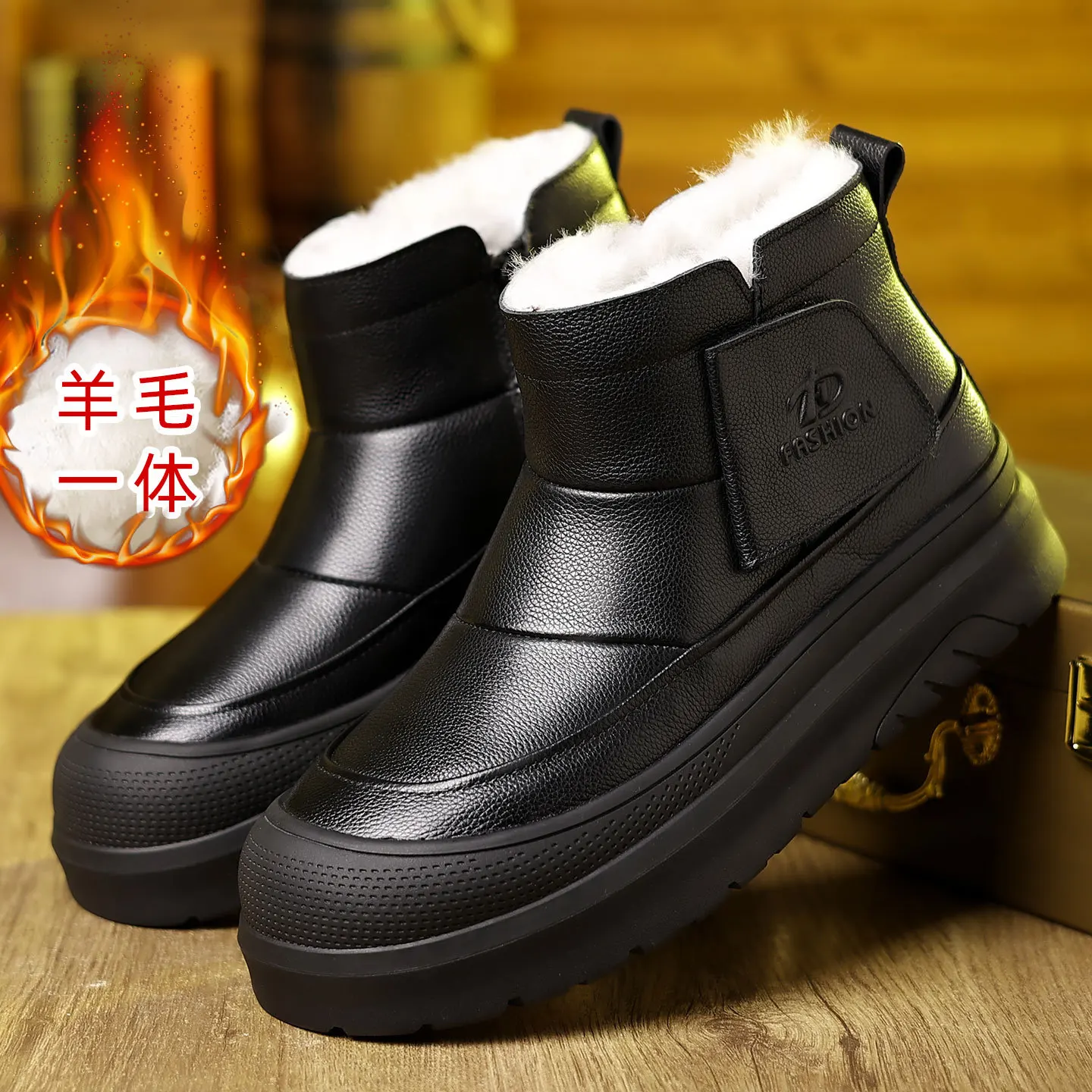 New First-layer Cowhide Men's Outdoor Snow Boots Genuine Leather Fashionable Wool Cotton Shoes Side Zipper Slip-on Cotton Boots