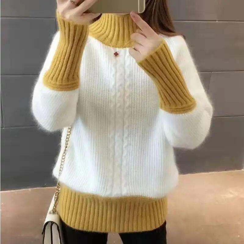 

Свитер, трикотаж, женский свободный крой, вязаный свитер с высоким воротом, женские топы на толстой флисовой подкладке, зимняя повседневная одежда, мода