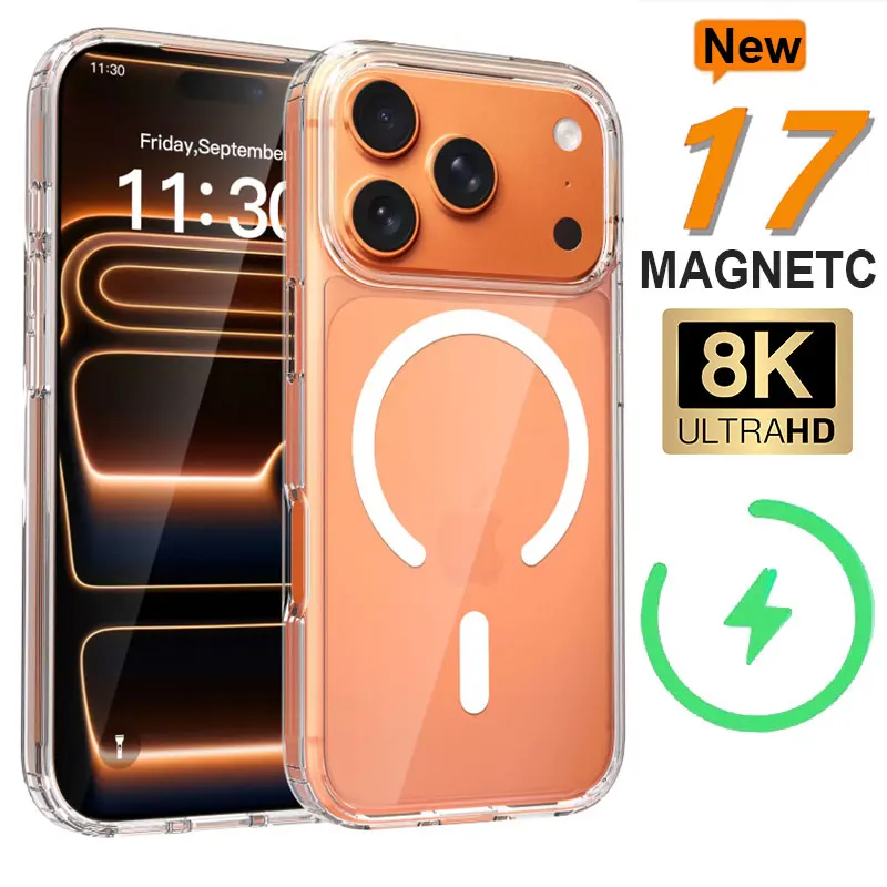 Coque de téléphone transparente 8K pour MagSafe, compatible avec iPhone 17 Pro Max, 17 Air, 15, 14, 13, 11, 12, 16 Pro Max, Plus, Mini – Housse souple en silicone transparent