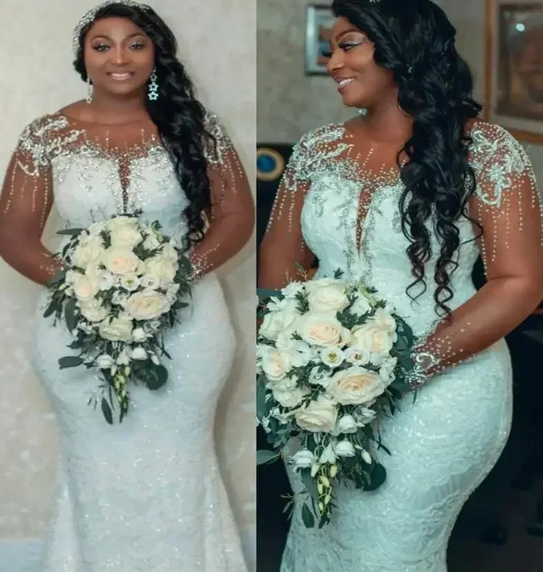 

Customized Plus Size Arabic Aso Ebi Luxurious Mermaid Lace Wedding Dress Sheer Neck Long Sleeves Bridal Gowns Dress 2023