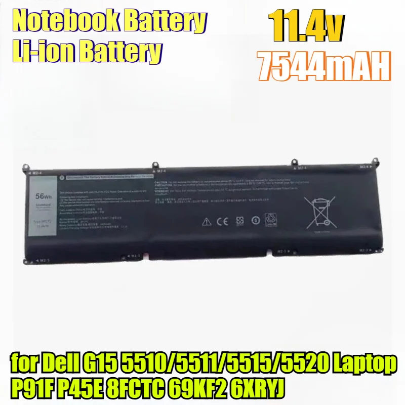 7544mAh 11.4V Li-ion Battery Replacement for Dell G15 5510/5511/5515/5520 Laptop P91F P45E 8FCTC 69KF2 6XRYJ Notebook Battery