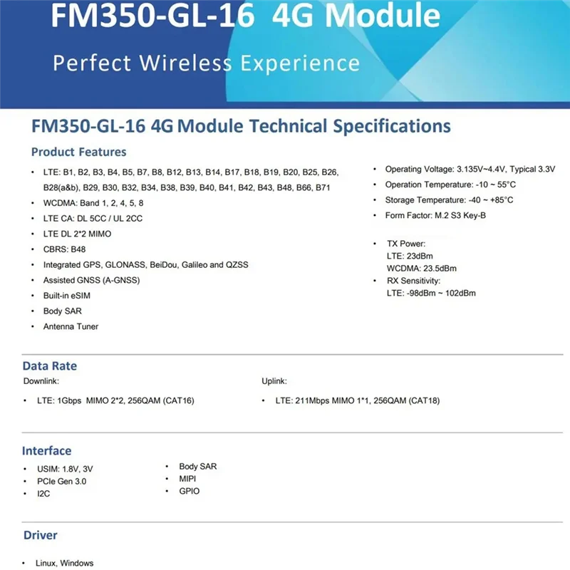 

Y45A-FM350-GL-16 Модуль 4G для HP X14 X16 Ryzen Edition 830 G8 LTE Cat16 Модуль 1 Гбит/с