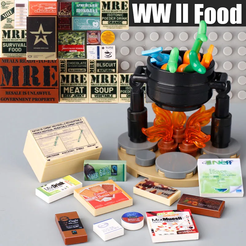 MOC WW2 US Military Food Bonfire Model Building Blocks Roast Chicken Rack Soup Camping Food Bricks Assemble Toys Children Gift