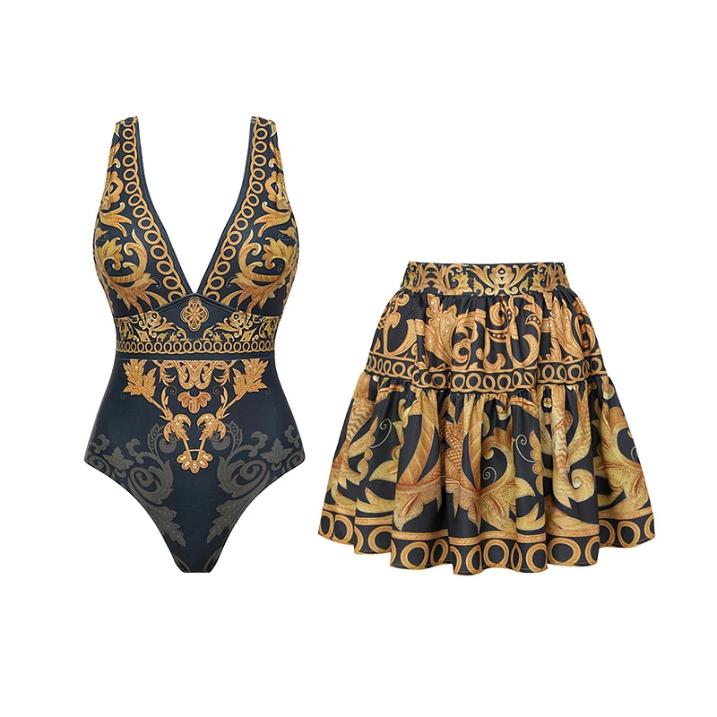 Flaxmaker Vintage Summer Women Sexy One Piece Swimsuit Bikini with Skirt Swimwear Cover Up Brazilian Beach Bathing Suit