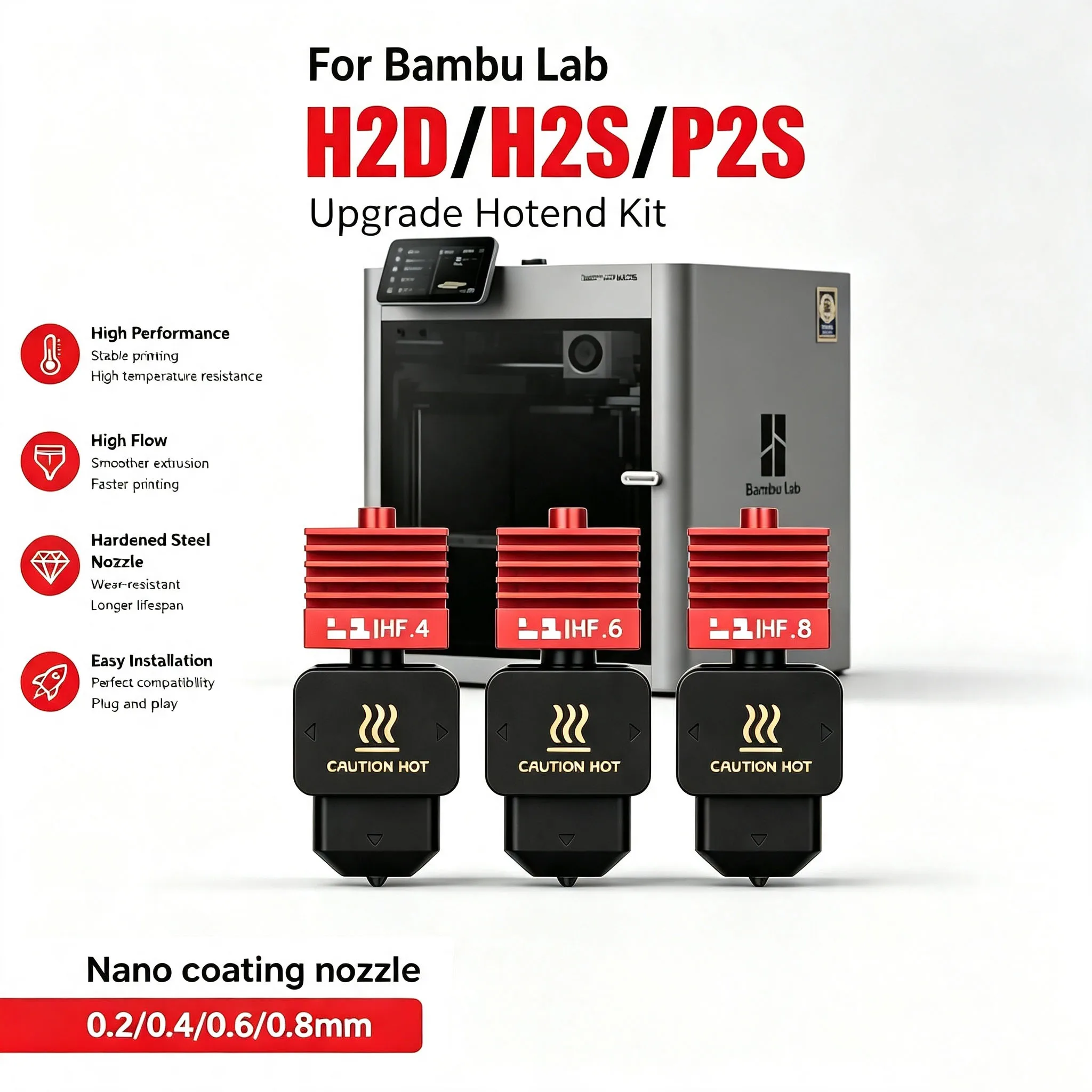 Multi-size Hardened Steel Nozzle Hotend Assembly P2S H2D H2S H2C, Replacement Kit Fit Bambu A1 A1 Mini 3D Printer