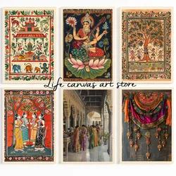 Traditional Indian Folk Flower Pattern Indian Woman Art Poster Canvas Painting Wall Prints Picture for Living Room Home Decor