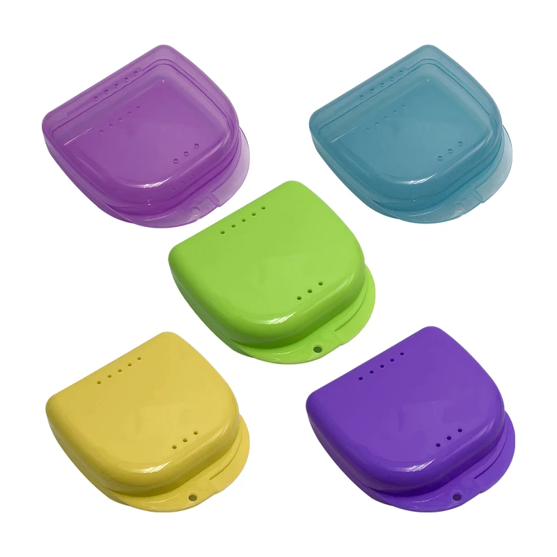 10 Pcs Denture Case Tray Box Orthodontic Retainer Plastic Color Tray Denture Brush Plus Filter Hinge Denture Storage Case